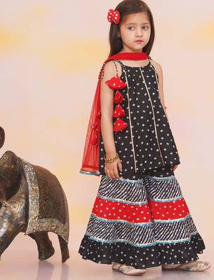 Black printed cotton bandhani kurti sharara and dupatta for girls 3