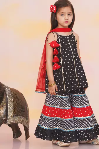 Black printed cotton bandhani kurti sharara and dupatta for girls