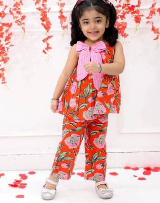 Orange printed cotton bow top and pant co-ords for girls 1