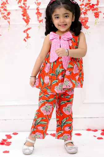 Orange printed cotton bow top and pant co-ords for girls