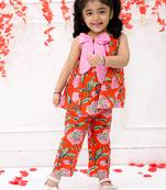 Orange printed cotton bow top and pant co-ords for girls