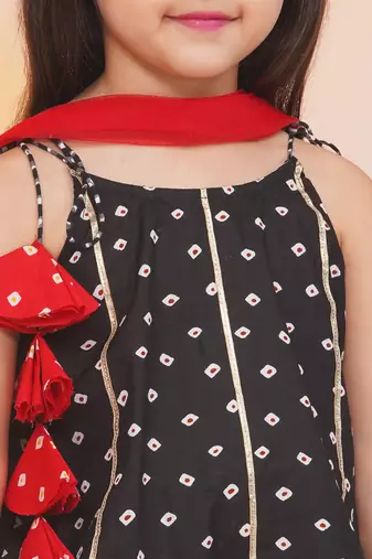 Black printed cotton bandhani kurti sharara and dupatta for girls