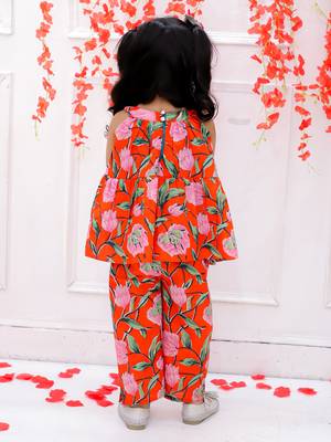 Orange printed cotton bow top and pant co-ords for girls 2