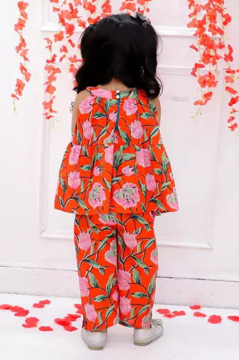 Orange printed cotton bow top and pant co-ords for girls