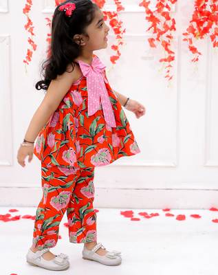 Orange printed cotton bow top and pant co-ords for girls 3