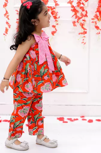 Orange printed cotton bow top and pant co-ords for girls