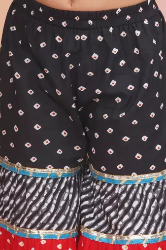 Black printed cotton bandhani kurti sharara and dupatta for girls