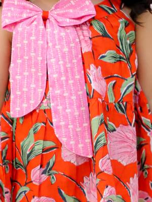Orange printed cotton bow top and pant co-ords for girls 4