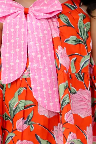 Orange printed cotton bow top and pant co-ords for girls