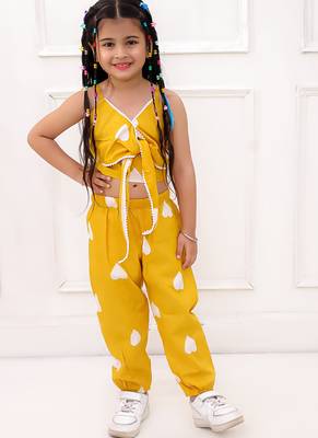 Yellow printed cotton top and joggers for girls 1