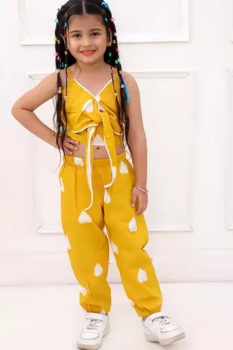 Yellow printed cotton top and joggers for girls
