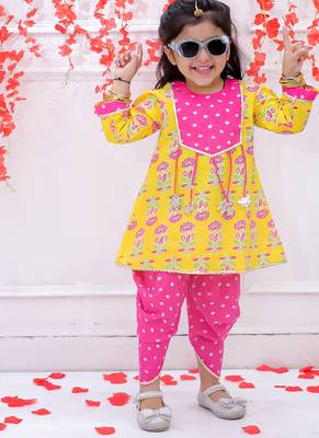 Yellow printed cotton peplum kurti and dhoti for girls 1