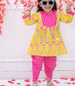 Yellow printed cotton peplum kurti and dhoti for girls