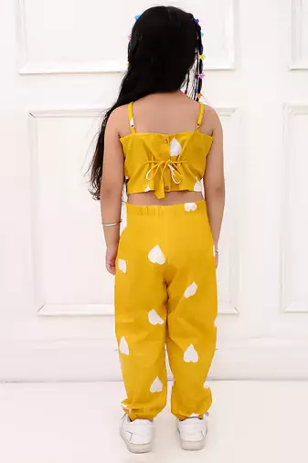 Yellow printed cotton top and joggers for girls