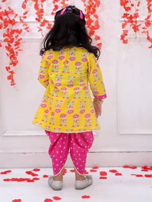 Yellow printed cotton peplum kurti and dhoti for girls 2