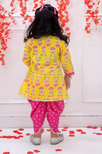 Yellow printed cotton peplum kurti and dhoti for girls