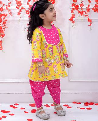 Yellow printed cotton peplum kurti and dhoti for girls 3