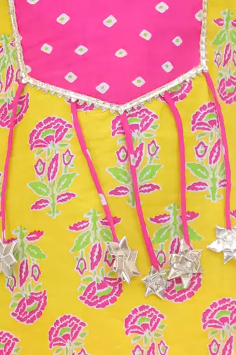Yellow printed cotton peplum kurti and dhoti for girls