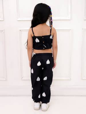 Black printed cotton top and joggers for girls 2