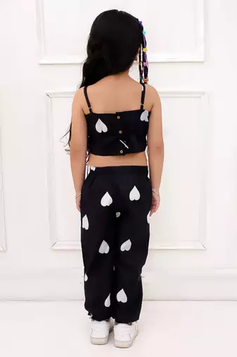 Black printed cotton top and joggers for girls