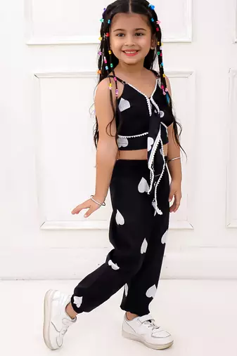Black printed cotton top and joggers for girls