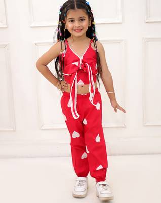 Red printed cotton top and joggers for girls 1
