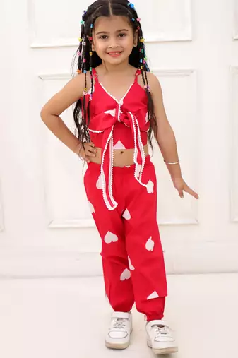 Red printed cotton top and joggers for girls