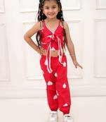 Red printed cotton top and joggers for girls