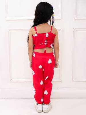 Red printed cotton top and joggers for girls 2