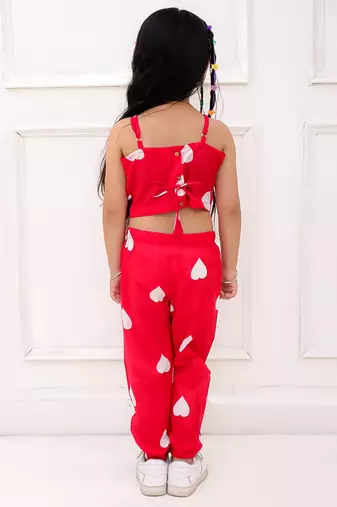 Red printed cotton top and joggers for girls