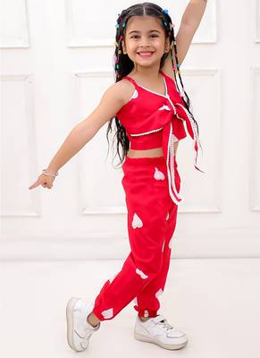 Red printed cotton top and joggers for girls 3