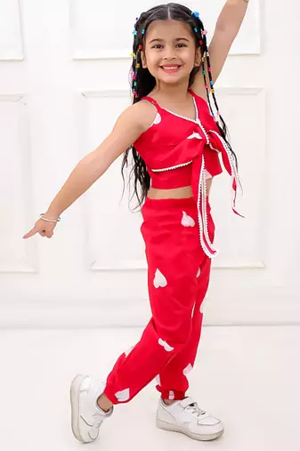 Red printed cotton top and joggers for girls