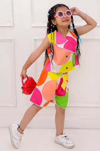 Multicolor printed cotton top and shorts for girls