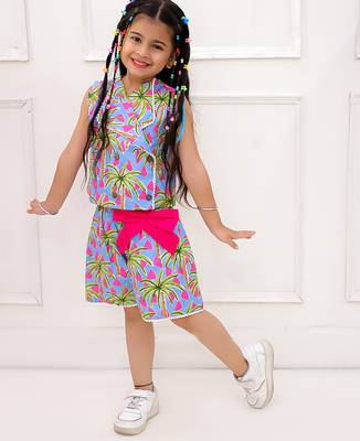 Blue printed cotton top and shorts for girls 1