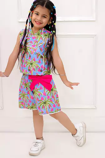 Blue printed cotton top and shorts for girls