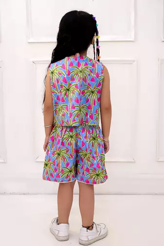 Blue printed cotton top and shorts for girls