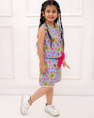 Blue printed cotton top and shorts for girls 3