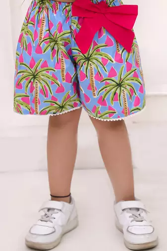 Blue printed cotton top and shorts for girls