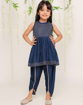 Blue embroidered silk peplum kurti and dhoti for girls 1