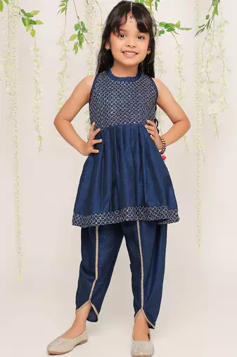Blue embroidered silk peplum kurti and dhoti for girls