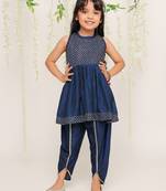 Blue embroidered silk peplum kurti and dhoti for girls