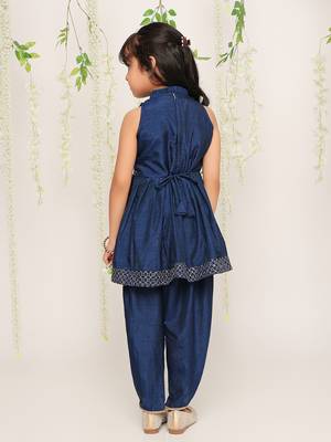 Blue embroidered silk peplum kurti and dhoti for girls 2