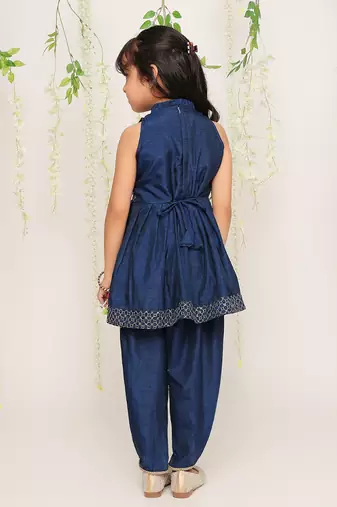 Blue embroidered silk peplum kurti and dhoti for girls