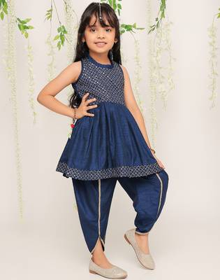 Blue embroidered silk peplum kurti and dhoti for girls 3