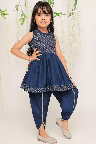 Blue embroidered silk peplum kurti and dhoti for girls