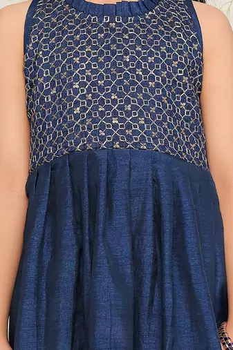 Blue embroidered silk peplum kurti and dhoti for girls
