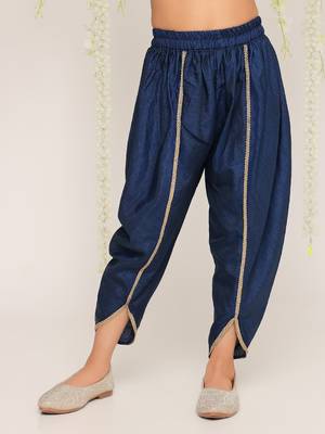 Blue embroidered silk peplum kurti and dhoti for girls 5