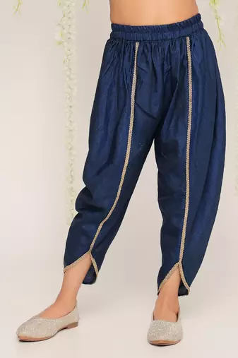 Blue embroidered silk peplum kurti and dhoti for girls