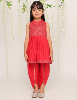Red embroidered silk peplum kurti and dhoti for girls 1