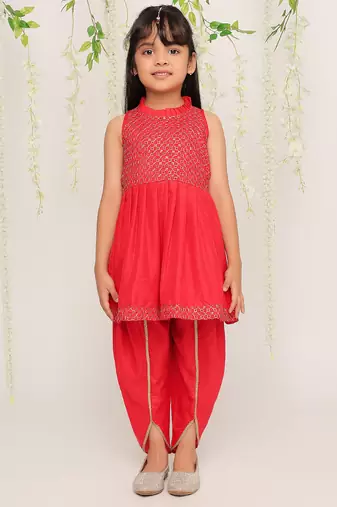 Red embroidered silk peplum kurti and dhoti for girls